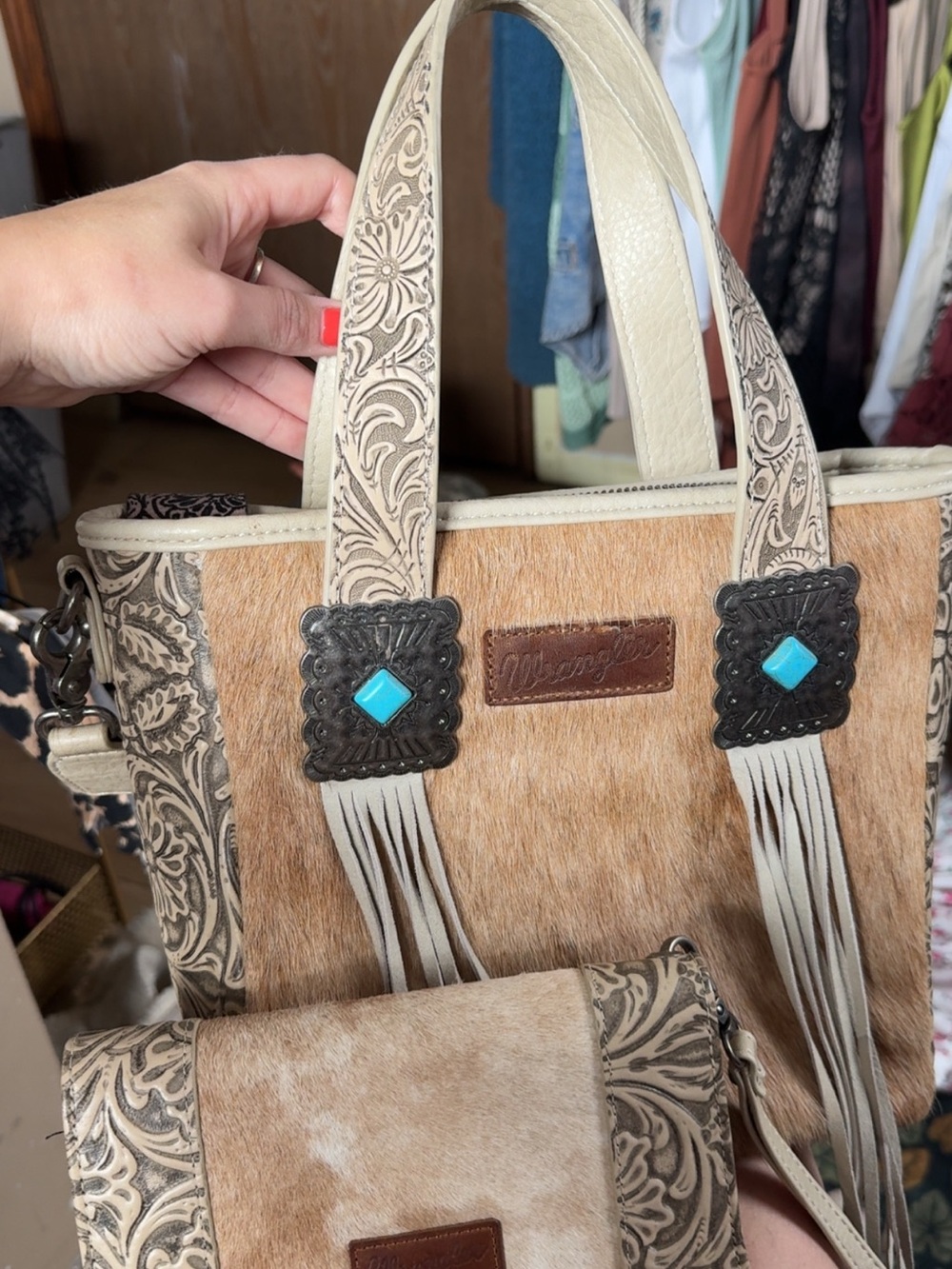 Wrangler Beige Tote Bag with Turquoise m